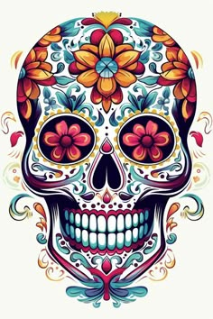 a colorful skull with flowers on it's head