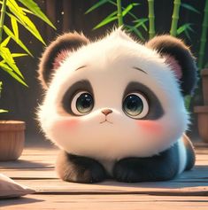 a panda bear sitting on top of a wooden floor next to bamboo trees and plants