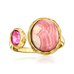 Ross-Simons - Pink Rhodochrosite, .50ct Pink Topaz Toi et Moi Ring Over Sterling. Size 8. French for "you and me," Toi et Moi rings are a unique way to celebrate a special relationship in your life. Wear our on-trend, two-stone designs as a sentimental symbol of romance, friendship, family - or simply treat yourself to double the sparkle! This pretty statement features a 12x10mm pink rhodochrosite oval cabochon beside a .50 carat oval pink topaz. Finely crafted in hammered and polished 18kt yell Pink Topaz Jewelry, Hermes Bracelet, Pink Rhodochrosite, Pink Topaz, Jewelry Lookbook, Stone Design, Oval Cabochon, Stone Rings, Treat Yourself