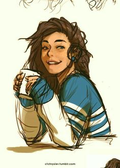 a drawing of a woman with long hair holding a coffee cup and smiling at the camera