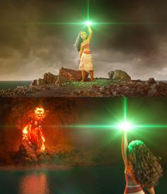 two women standing on top of a cliff next to the ocean with green lights in their hands