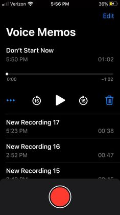 the voice memos app on an iphone's screen, showing it is now recording