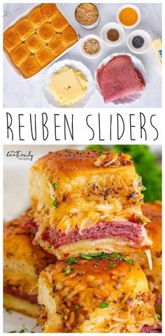 the recipe for reuben sliders is shown in two different pictures, one with meat and cheese on it