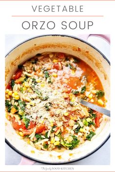 vegetable orzo soup in a large pot with a spoon inside and the title above it