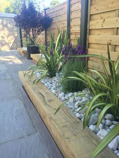 some plants and rocks in a long wooden planter on the side of a building