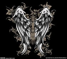 two white angel wings on a black background with gold and silver swirls in the center