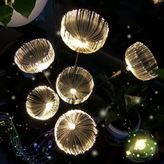 four lights that are sitting on top of a table next to a potted plant