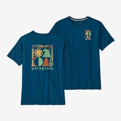 Patagonia makes gear for the outdoors, and in the early days as Chouinard Equipment, we made climbing tools. To represent both, the Spirited Seasons graphic has images of nature and our history. Since we're in business to save our home planet, this T-shirt is made of 100% organic cotton and it's Made in a Fair Trade Certified™ factory. | Patagonia Spirited Seasons Organic T-Shirt in Lagom Blue, XS - Logo T-Shirts - Organic Cotton/Nylon Climbing Tools, Womens Outdoor Clothing, Merch Design, Crewneck Style, Coron, Merch Ideas, Apple Logo, Outdoor Clothing, Nature Images