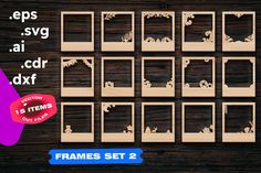 wooden cutout frames set 2 with different shapes and sizes, on a dark wood background