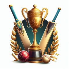 a golden trophy with two bats and a cricket ball