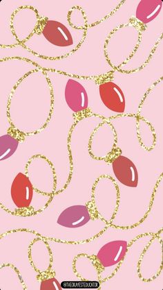 a pink and gold wallpaper with lots of different colors on the surface, including red lipstick