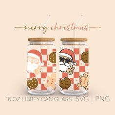 two glass jars with santa claus and cookies on them