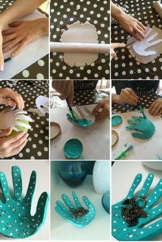 the process of making handprinted paper flowers is shown in several different pictures, including hands and polka dots