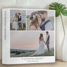 a wedding album with four photos and the words our wedding memories written on it next to a white vase filled with flowers