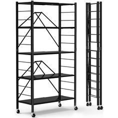 two black shelves sitting next to each other on top of metal wheels and one is empty