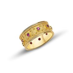 "The beauty of Byzantine style jewelry, completely handcrafted in Greece with the old-fashioned way, is omnipresent. An outstanding 18K solid yellow gold ring with Byzantine design decorated with natural rubies, remains a classic and elegant choice for everyone. Bold and traditional, you will not take your eyes over your finger. Neither will your friends! High Quality Handmade Greek jewelry! This is a stunning ring that works well for all occasions, styles, and ages. You will love it! Dimensions Ceremonial Yellow Gold Ruby Ring, Yellow Gold Byzantine Signet Ring For Anniversary, Byzantine Yellow Gold Signet Ring For Anniversary, Yellow Gold Byzantine Style Ring, Byzantine Style Yellow Gold Jewelry For Anniversary, Byzantine Yellow Gold Ring, Byzantine Style Yellow Gold Ring, Heirloom Yellow Gold Jewelry With Historical Design, Yellow Gold Byzantine Gemstone Rings