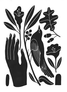 a black and white drawing of two hands with flowers on the left, and a bird on the right