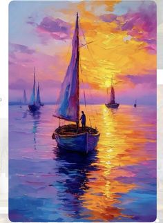 a painting of sailboats in the ocean at sunset