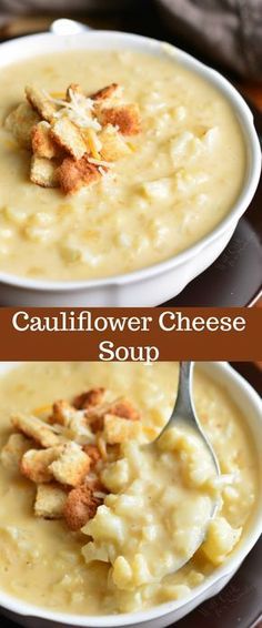 two bowls of cauliflower cheese soup with spoons