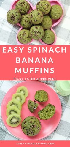 easy spinach and banana muffins recipe on a pink plate with kiwi slices