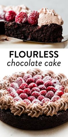 chocolate cake with raspberries on top and flourless chocolate cake in the middle