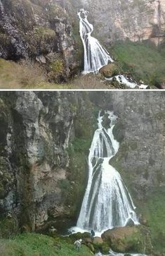 two pictures side by side one shows a waterfall and the other shows a man standing in front of it