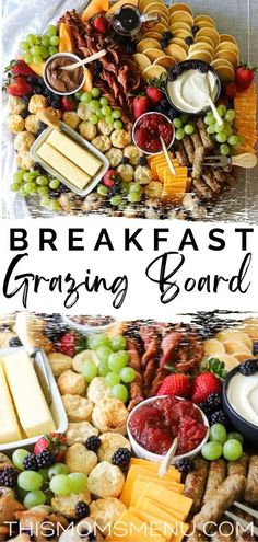 a platter filled with cheese, fruit and crackers for a breakfast grazing board