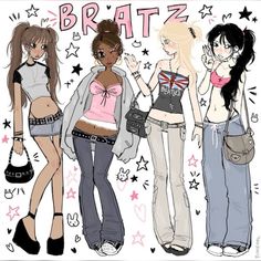 three girls standing next to each other with the word bratz written on their chest