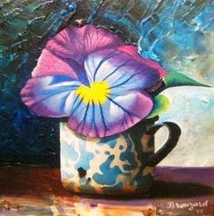 a painting of a purple flower in a blue and white cup on a table top