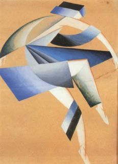 an abstract painting with blue and white shapes