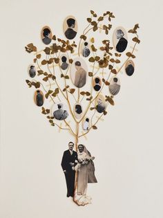 a couple standing next to each other in front of a tree with pictures on it