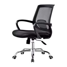 a black office chair with chrome base and armrests on an isolated white background