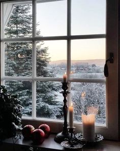 two candles are sitting on a window sill in front of the snow covered trees