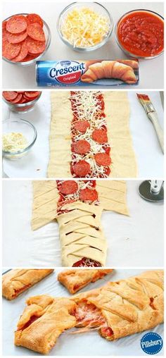 the process of making pizza bread with pepperoni, cheese and sauces on it