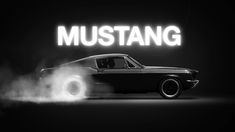 a black and white photo of a car with the word mustang in front of it