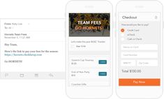 two cell phones with the team fees app open and showing how they pay for tickets