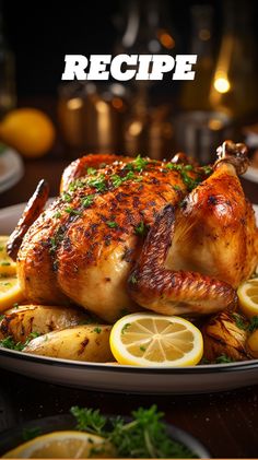 a roasted chicken on a plate with lemons and parsley next to the words recipe