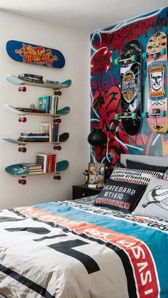 a bedroom with skateboards on the wall and a bed in front of it,