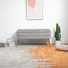 a living room with a couch, rug and cactus in the corner on the floor