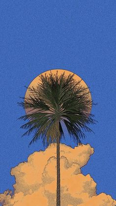 a palm tree in front of a blue sky with the moon behind it and clouds