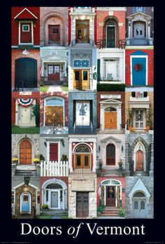 an advertisement for doors of vermont, featuring many different styles and colors on the front door