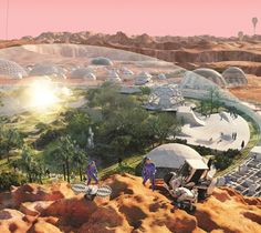 an artist's rendering of a futuristic city surrounded by mountains and desert like structures