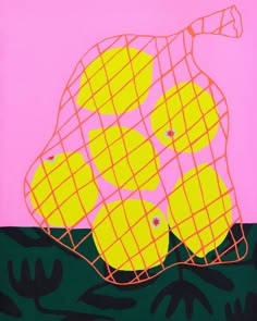 a painting with oranges in a mesh bag on top of green and pink background