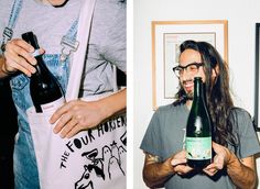 a man with long hair and glasses holding a beer bottle in one hand and an apron on the other