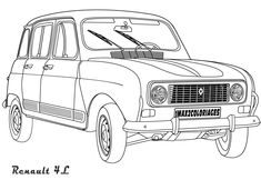 an old car with the hood up and windshield down, drawn in black and white