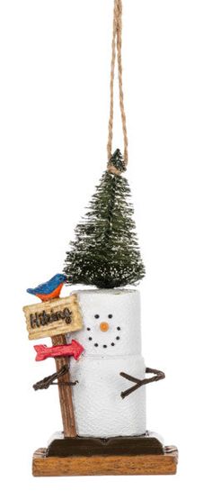 a snowman ornament hanging from a rope with a tree on the top