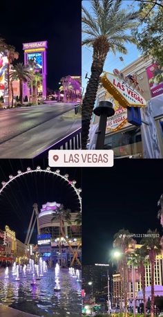 the las vegas strip at night and in the middle of the day with palm trees