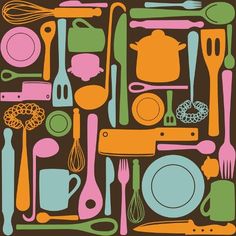 an assortment of kitchen utensils are arranged in a square pattern on a brown background