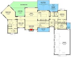 the first floor plan for a home with two master suites and an open concept kitchen