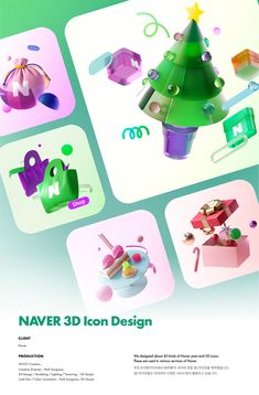 an advertisement for naver 3d icon design, with various objects and shapes in the background